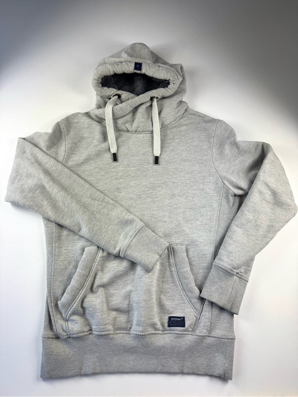 SUPERDRY Men’s Gray Herringbone Funnel Neck Pullover Hoodie Fleece M